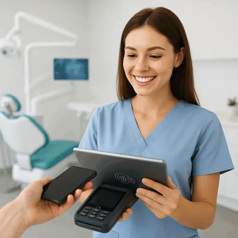 Dental office receptionist using a tablet for contactless payment processing in a modern clinic.