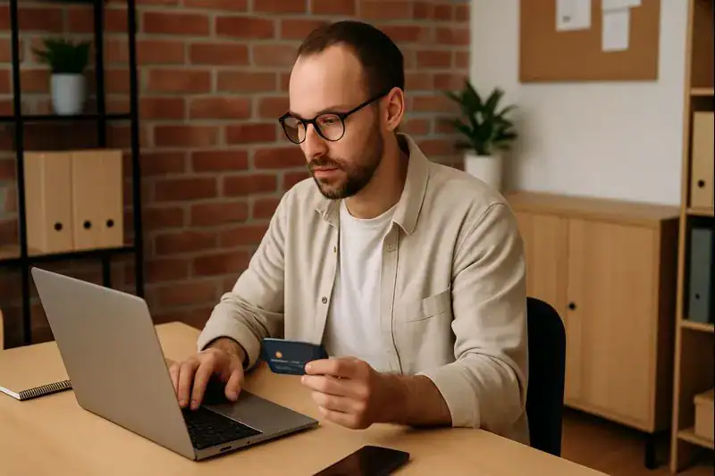 A business owner processing a credit card payment on a laptop in a small office.