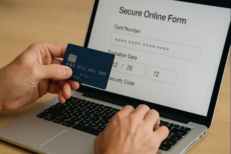 entering credit card details into a secure online form.