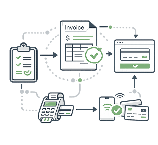 Workflow optimization illustration showing payment pages, invoice collection, and streamlined payment processes.