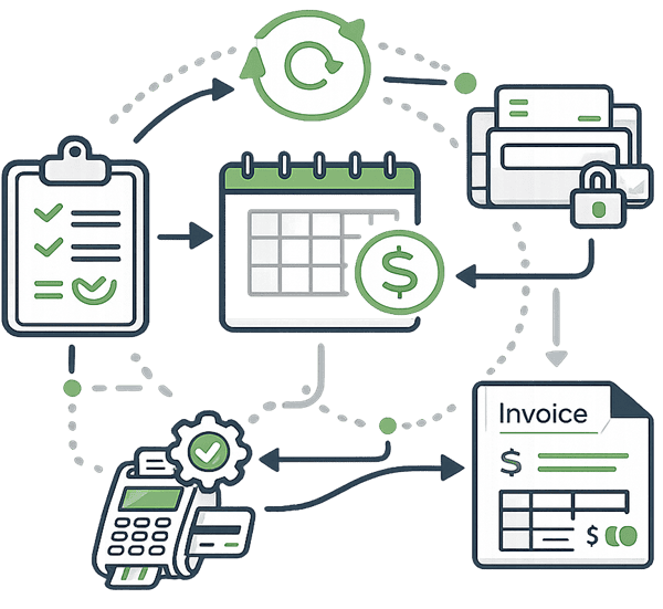 Recurring billing systems illustration showing automated payments, subscription billing, and stored payment credentials.