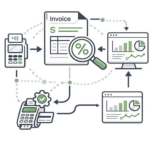 Payment optimization illustration showing cost analysis, qualification reviews, and processing cost reduction strategies.