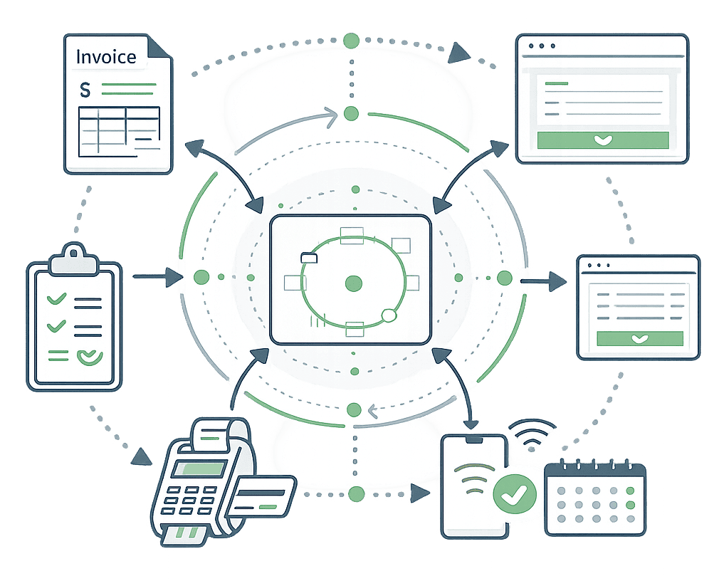 Payment workflow optimization illustration showing invoices, payment collection tools, recurring billing systems, gateway workflows, and payment processing improvements.