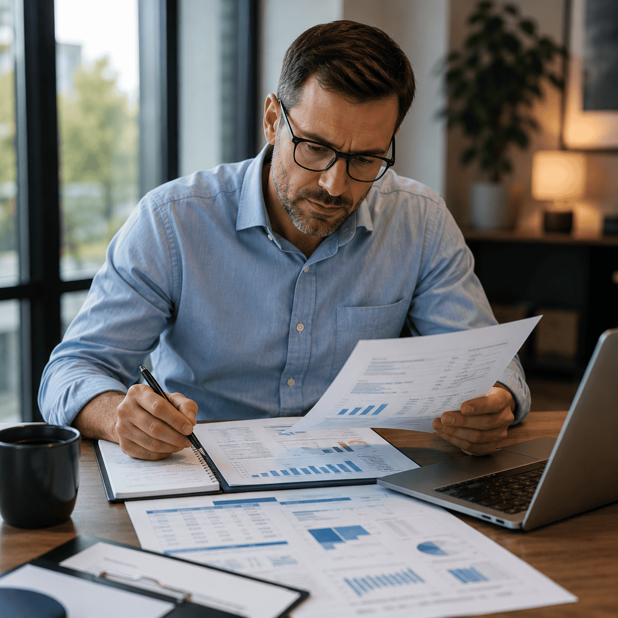 Business owner analyzing payment processing statements to reduce merchant fees and improve payment processing costs.