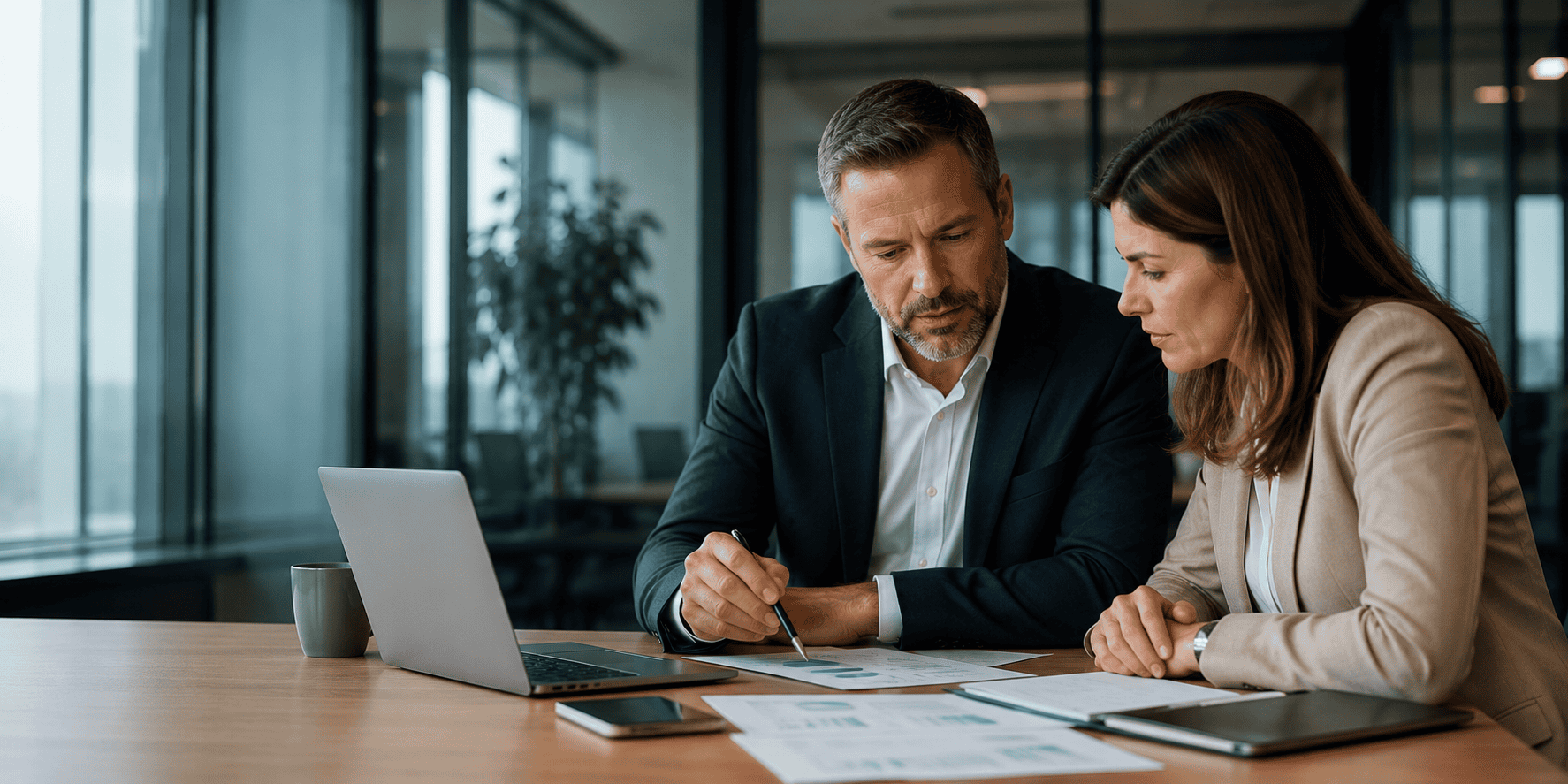 Business consultant reviewing credit card surcharge compliance and payment cost strategies with a merchant during a professional advisory meeting.