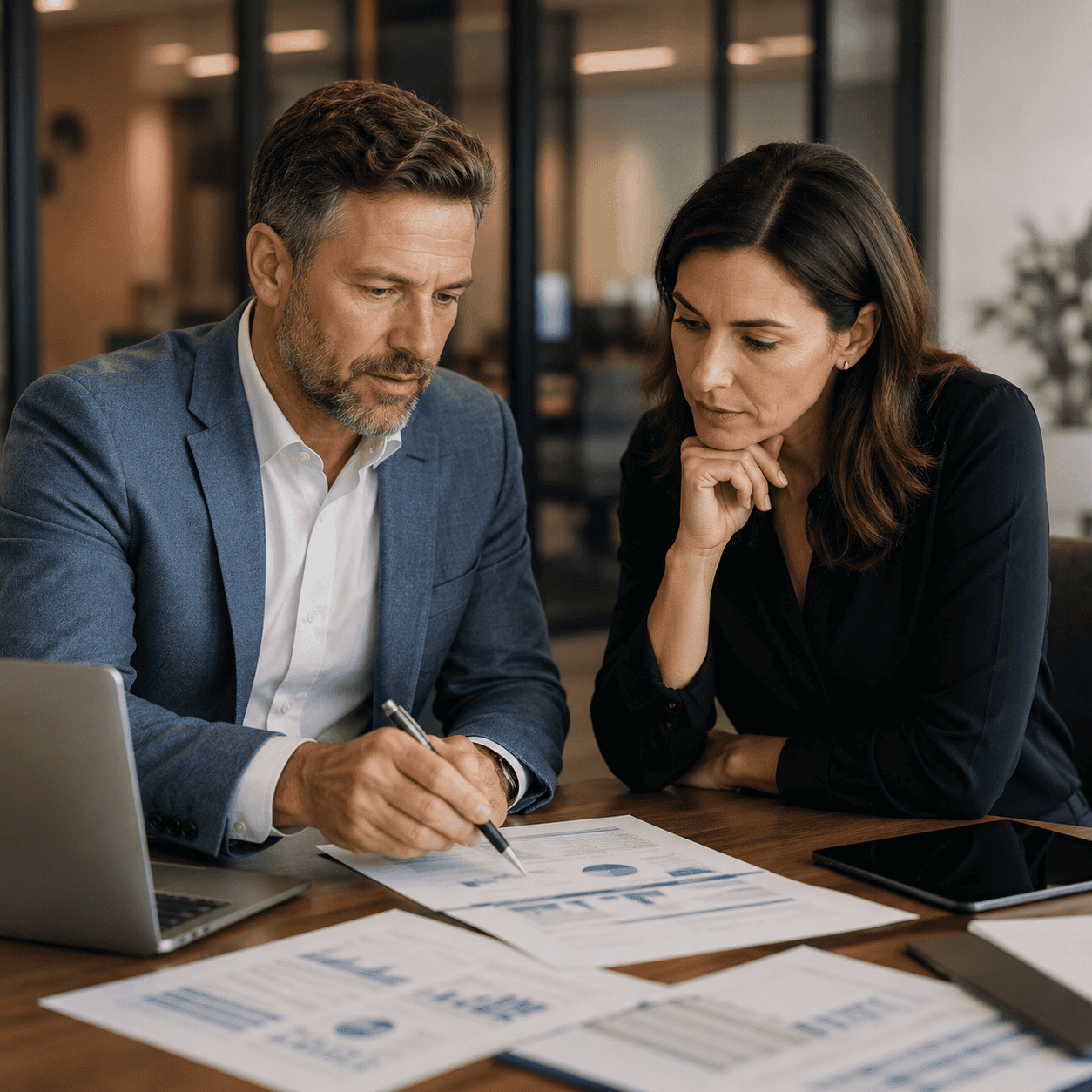 Payment advisor discussing surcharge compliance requirements and cost-saving strategies with a business owner at a conference table.