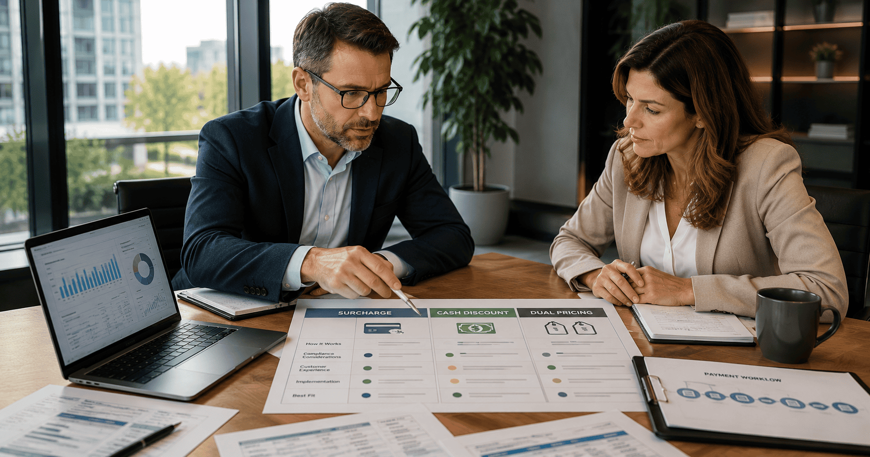Business owner comparing surcharge, cash discount, and dual pricing strategies with a payment consultant