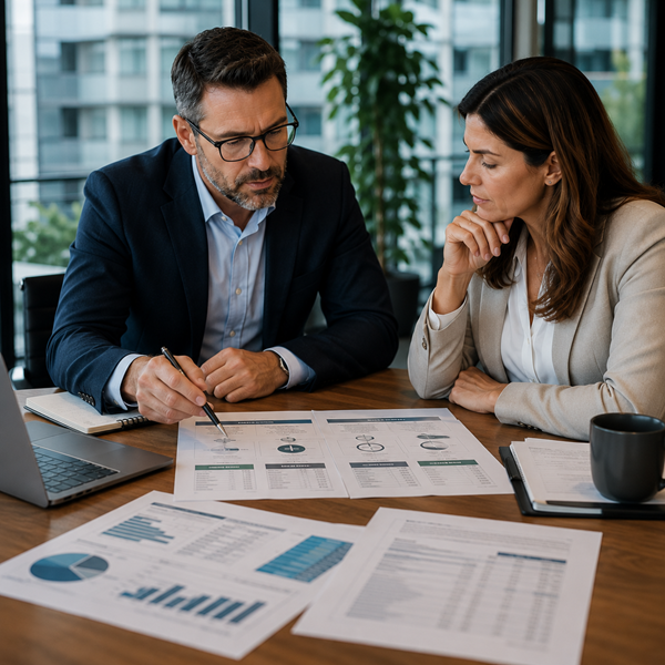 Business owner reviewing surcharge, cash discount, and dual pricing options with a payment consultant during a strategy meeting.