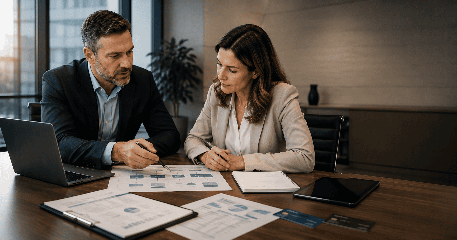 Payment optimization consultant reviewing debit card surcharge compliance and payment workflow considerations with a business owner in a professional office.