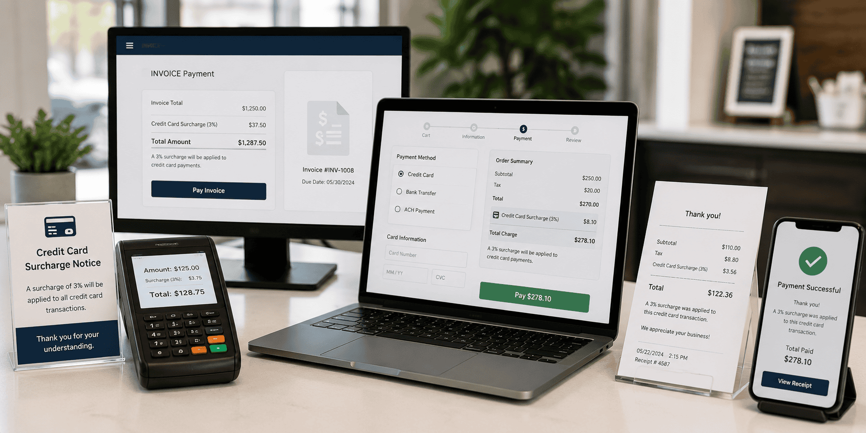 Examples of surcharge disclosures displayed across payment terminals, invoices, online checkout pages, receipts, and customer payment confirmations.