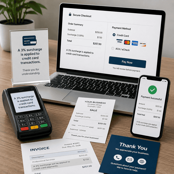 Examples of credit card surcharge disclosures shown across a payment terminal, invoice, online checkout page, receipt, and mobile confirmation.