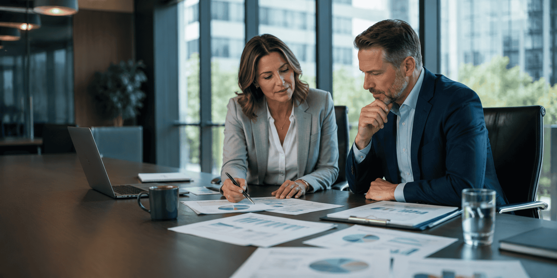 Business owner and payment consultant evaluating whether a credit card surcharge program is the right business strategy during an executive planning meeting.