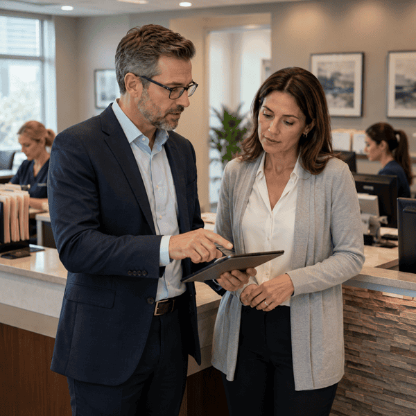 Business owner evaluating surcharge programs, ACH adoption, and payment optimization options with a consultant.