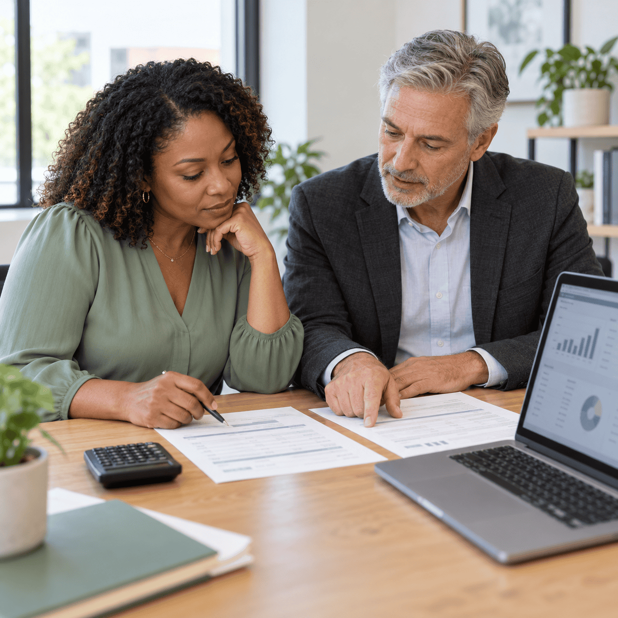 Consultant pointing to a payment processing statement while a business owner reviews it beside a laptop.